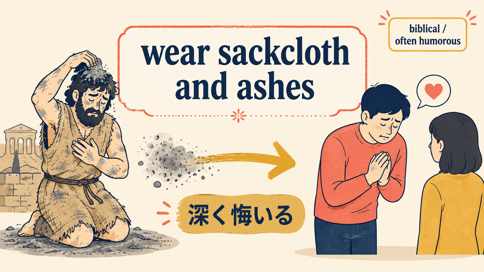 wear sackcloth and ashesの語感と使い方を視覚的に示す解説イラスト
