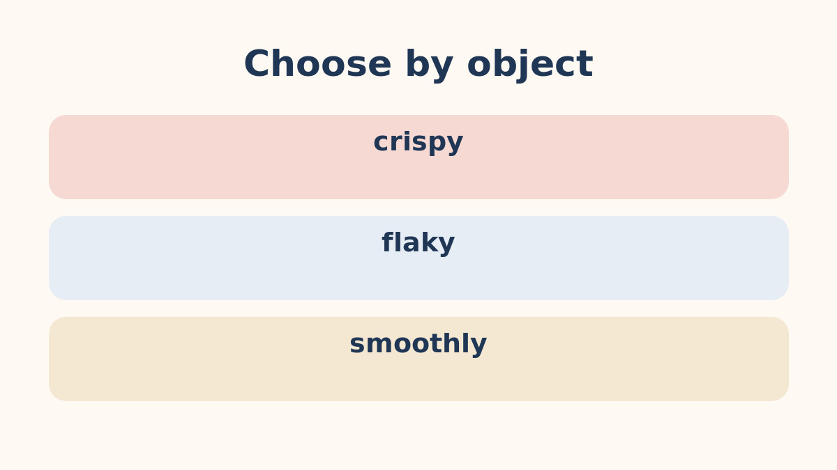 crispy・flaky・smoothlyの違いを示す比較図