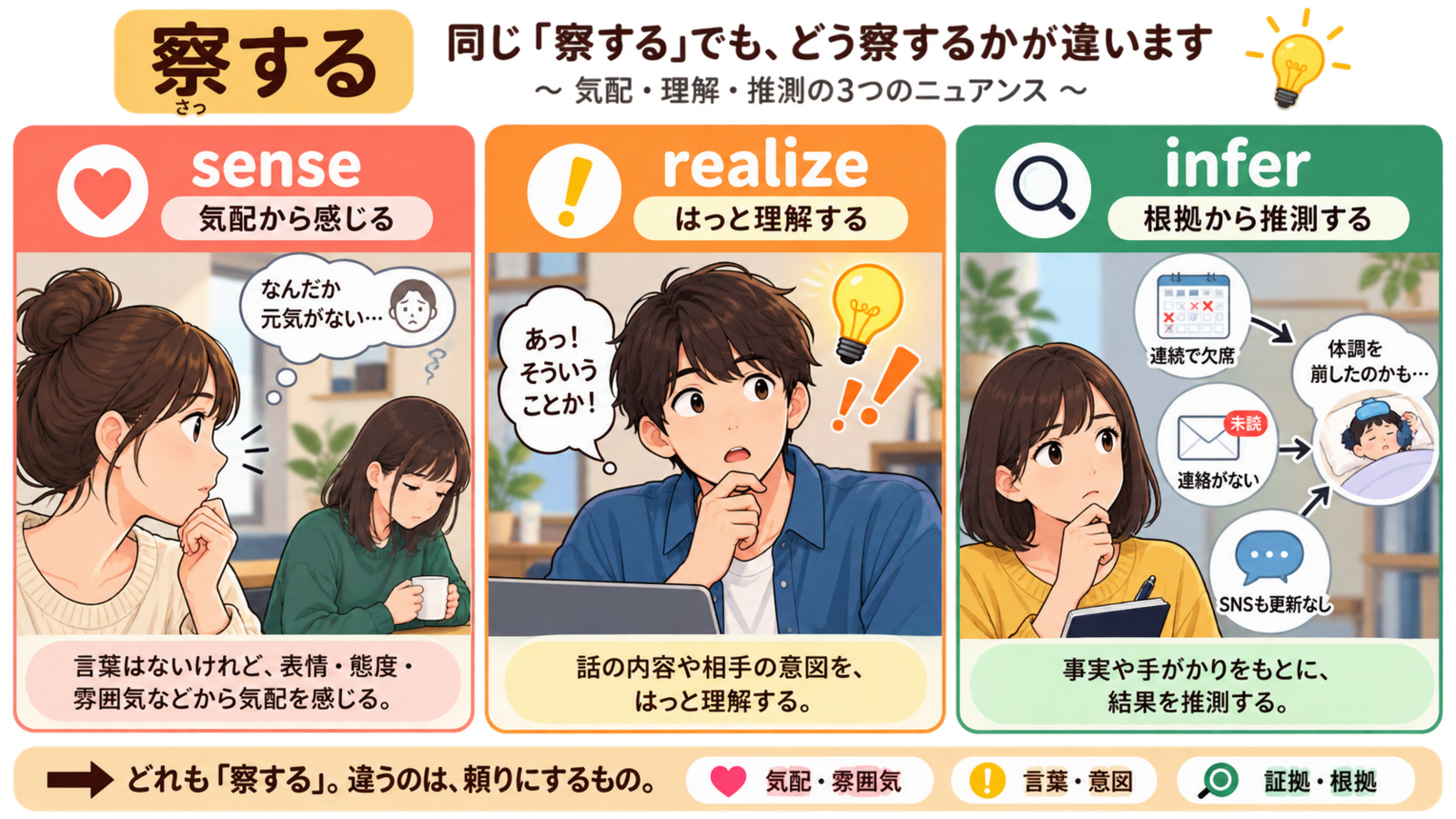 察するを表すsense・realize・inferの使い分け比較図
