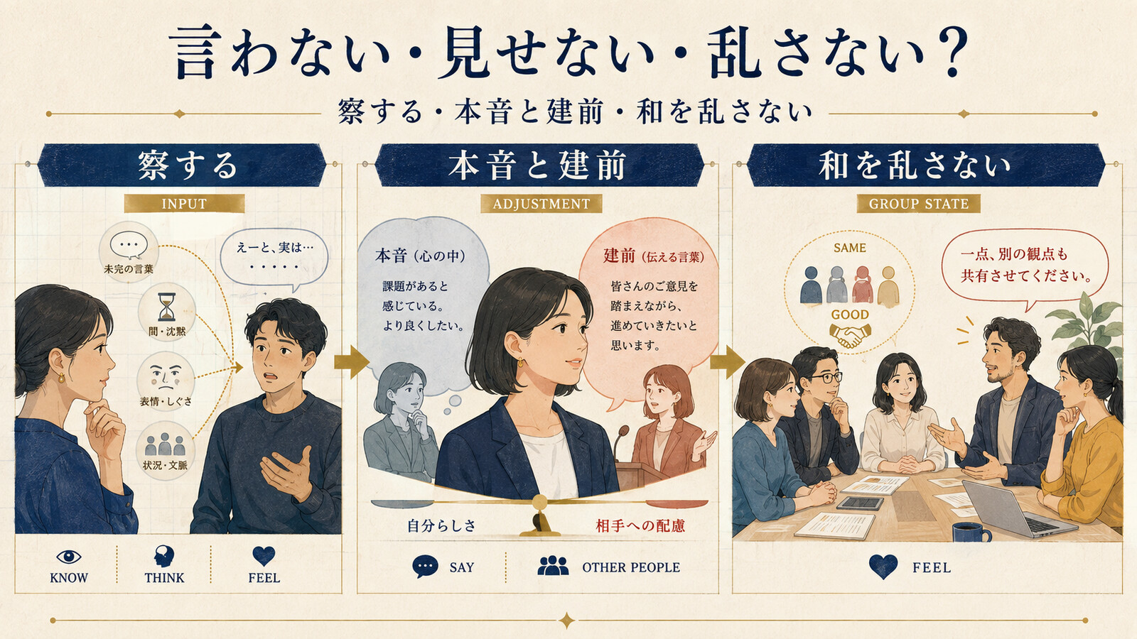 察する・本音と建前・和を乱さないという日本語の暗黙コミュニケーションを示す図