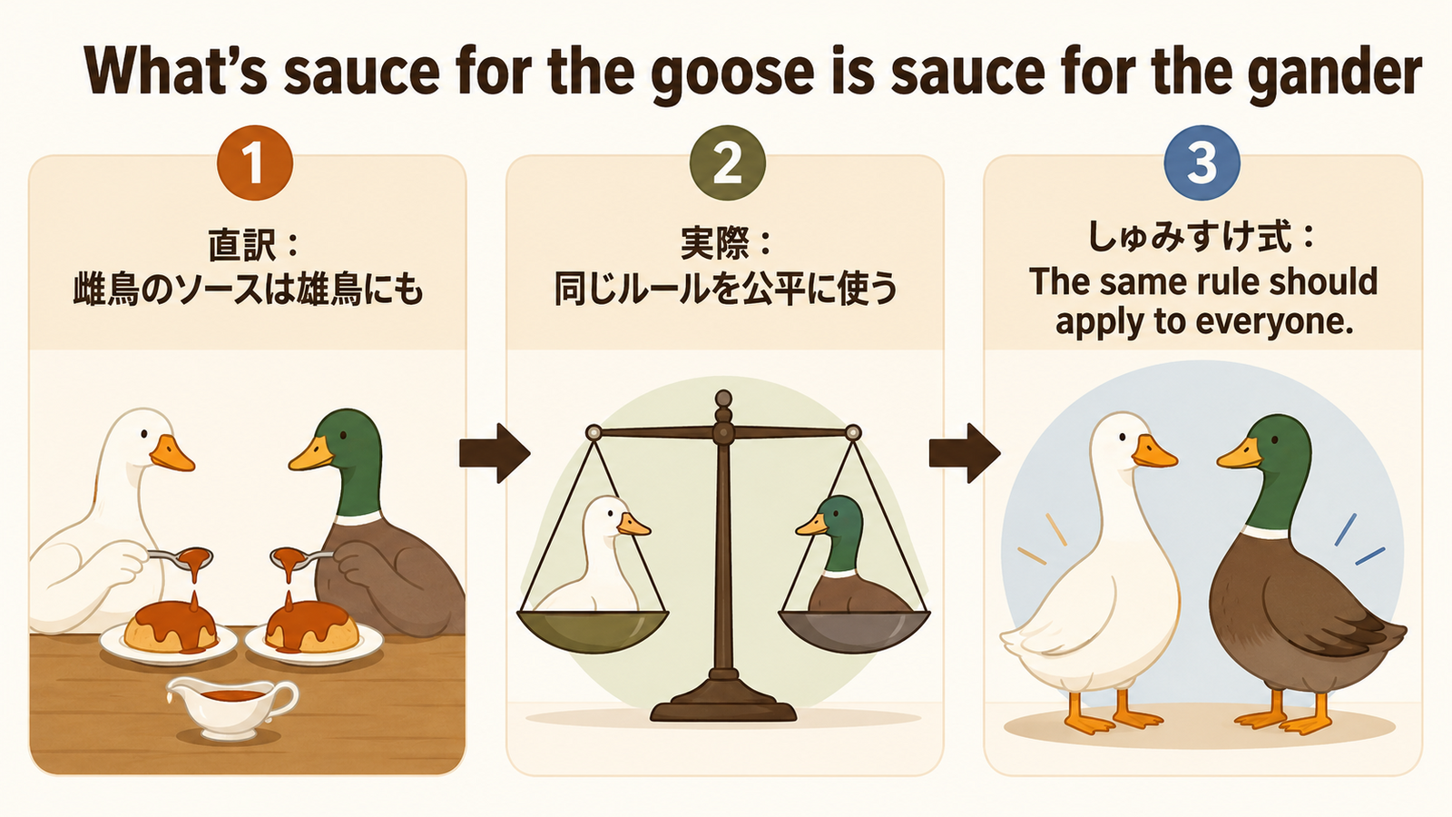 What’s sauce for the goose is sauce for the gander の意味・使い方｜ニュアンスと例文を解説