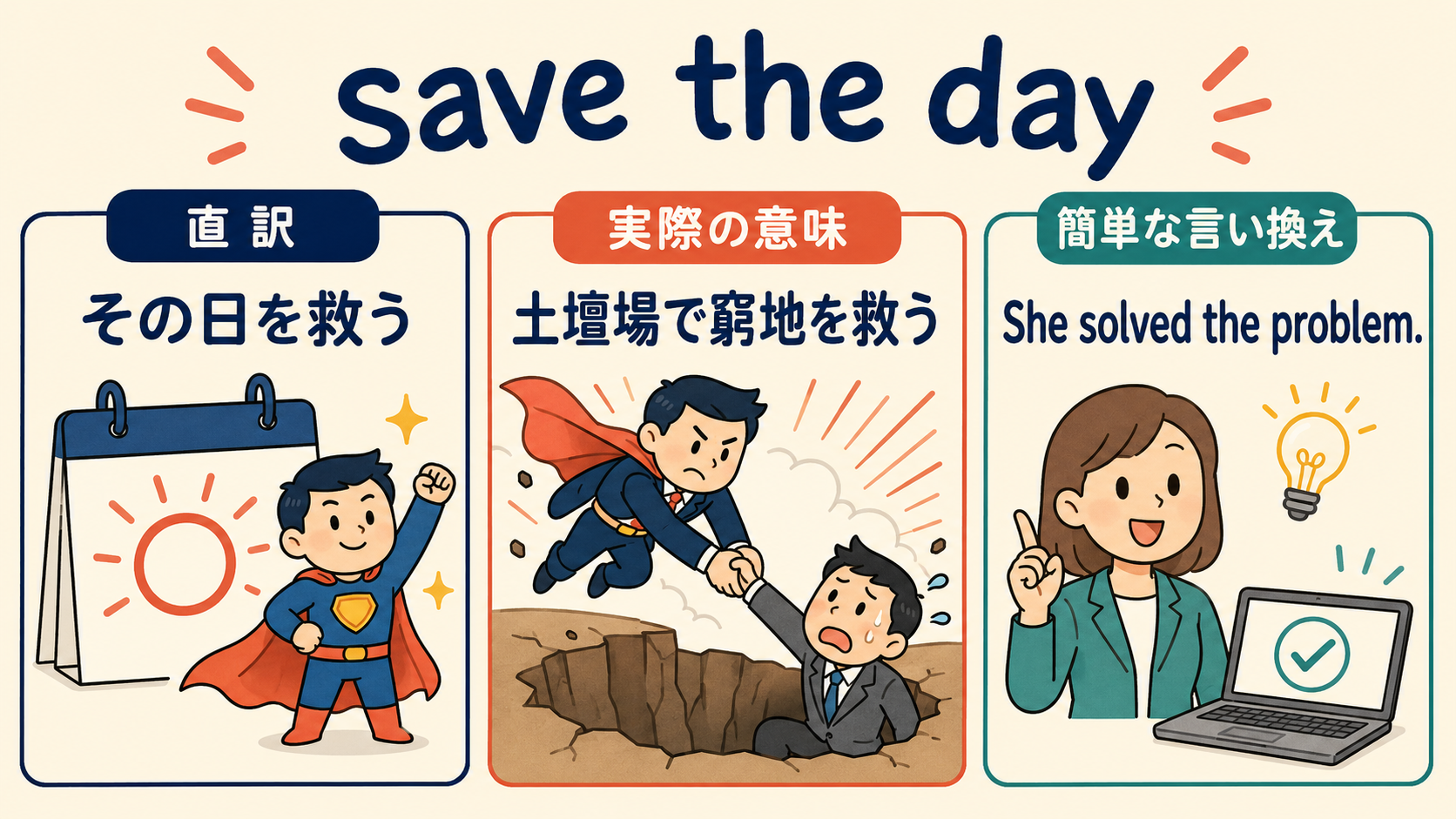 save the dayの直訳・実際の意味・簡単な言い換えを比較する図