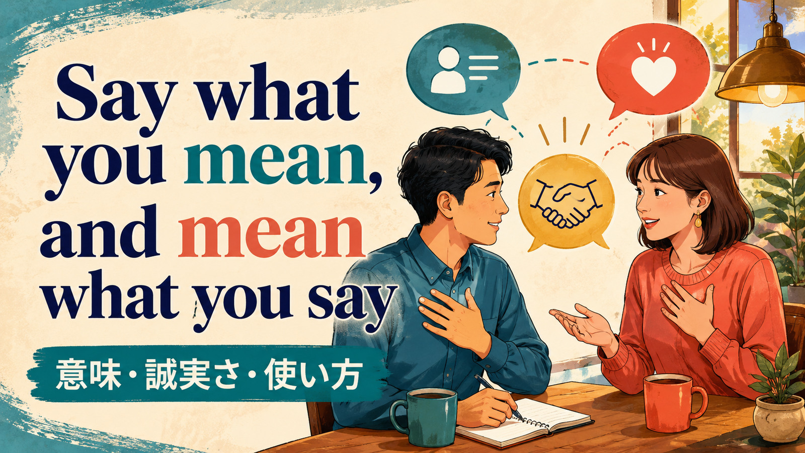 Say what you mean, and mean what you sayの意味・使い方を解説するアイキャッチ