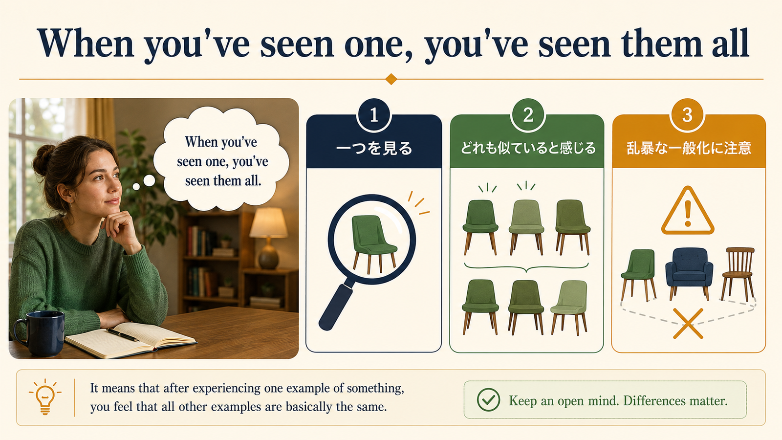 When you’ve seen one, you’ve seen them allの直訳と実際のニュアンスを比較した解説イラスト