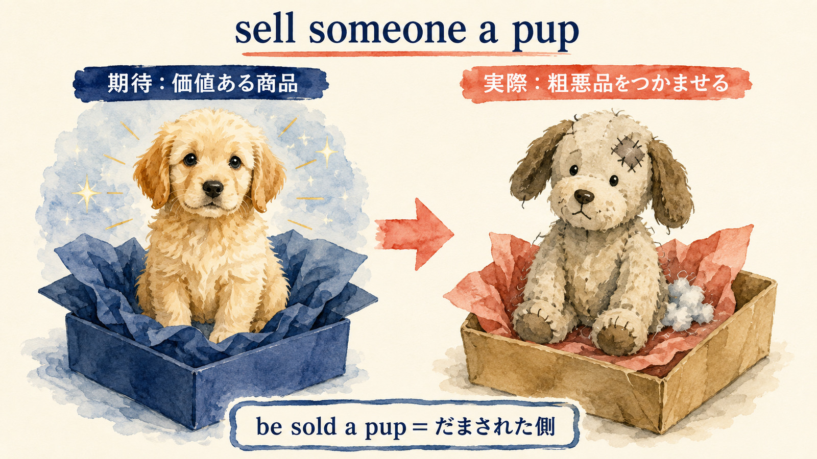 sell someone a pupの直訳と実際の意味を比較する本文イラスト