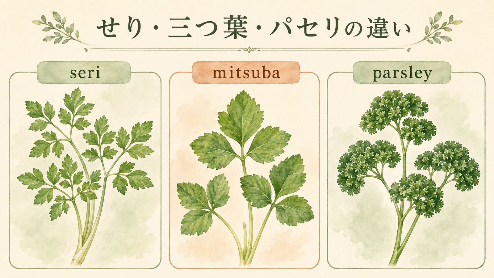 せりと似た食材の英語名を比較した解説イラスト