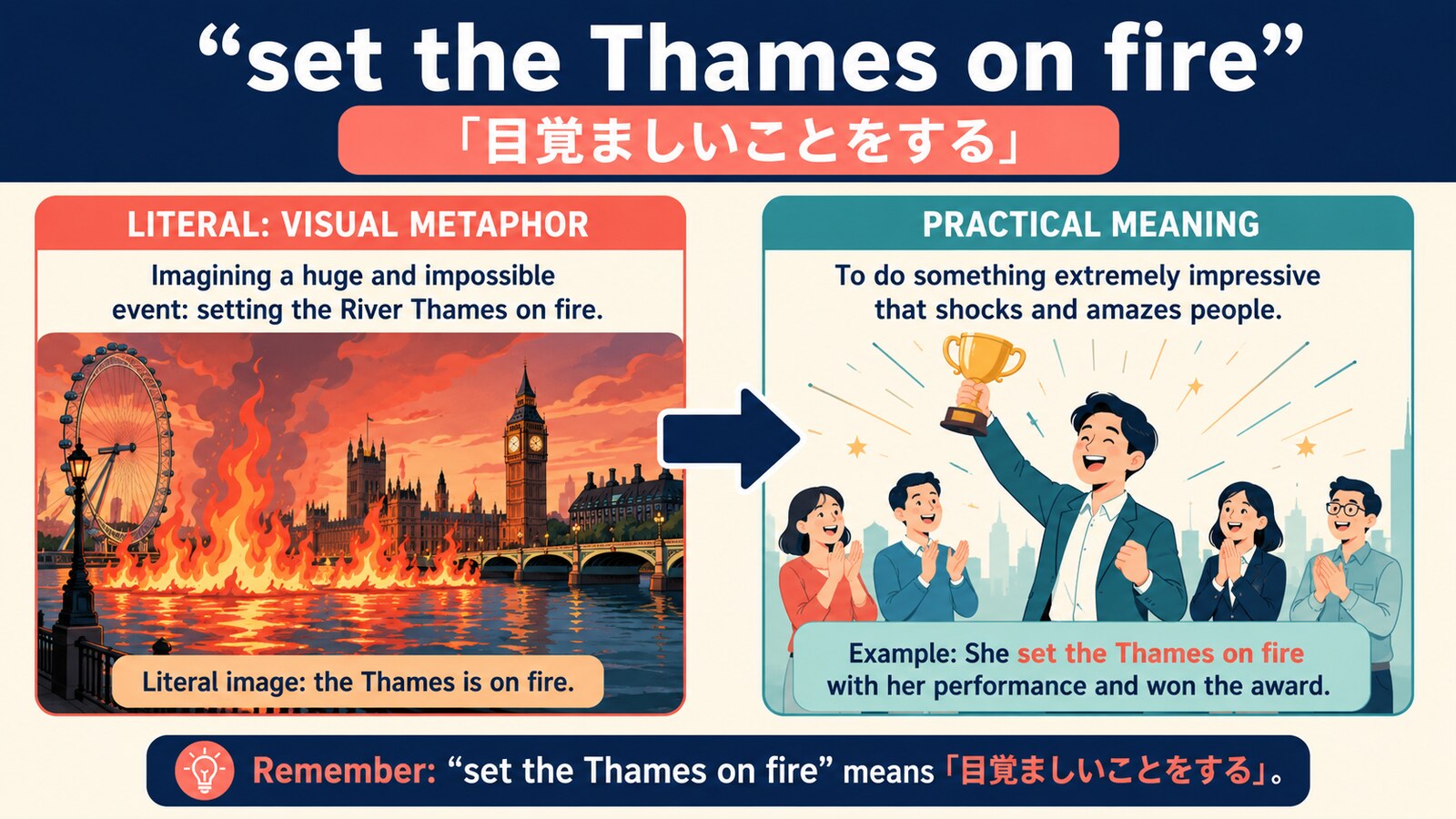 set the Thames on fireの直訳と実際の意味を比較する解説イラスト