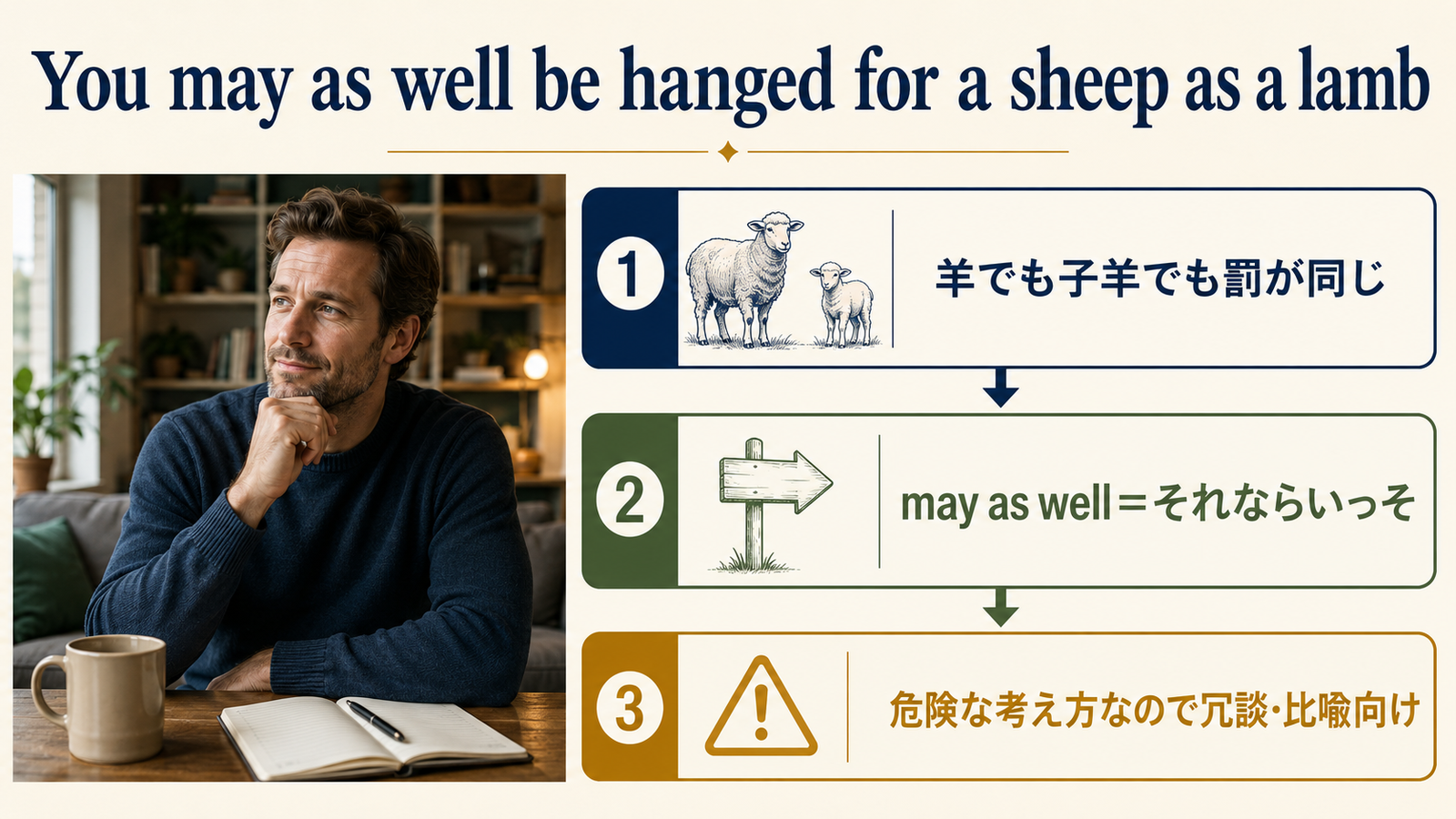 You may as well be hanged for a sheep as a lambの直訳・実際の意味・注意点を比較する解説図