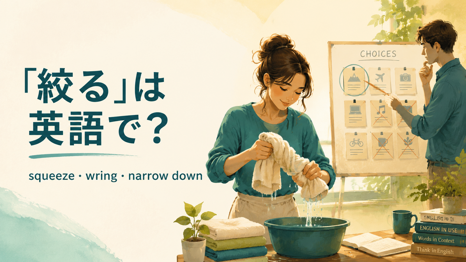 絞るの英語表現 squeeze・wring・narrow downのアイキャッチ