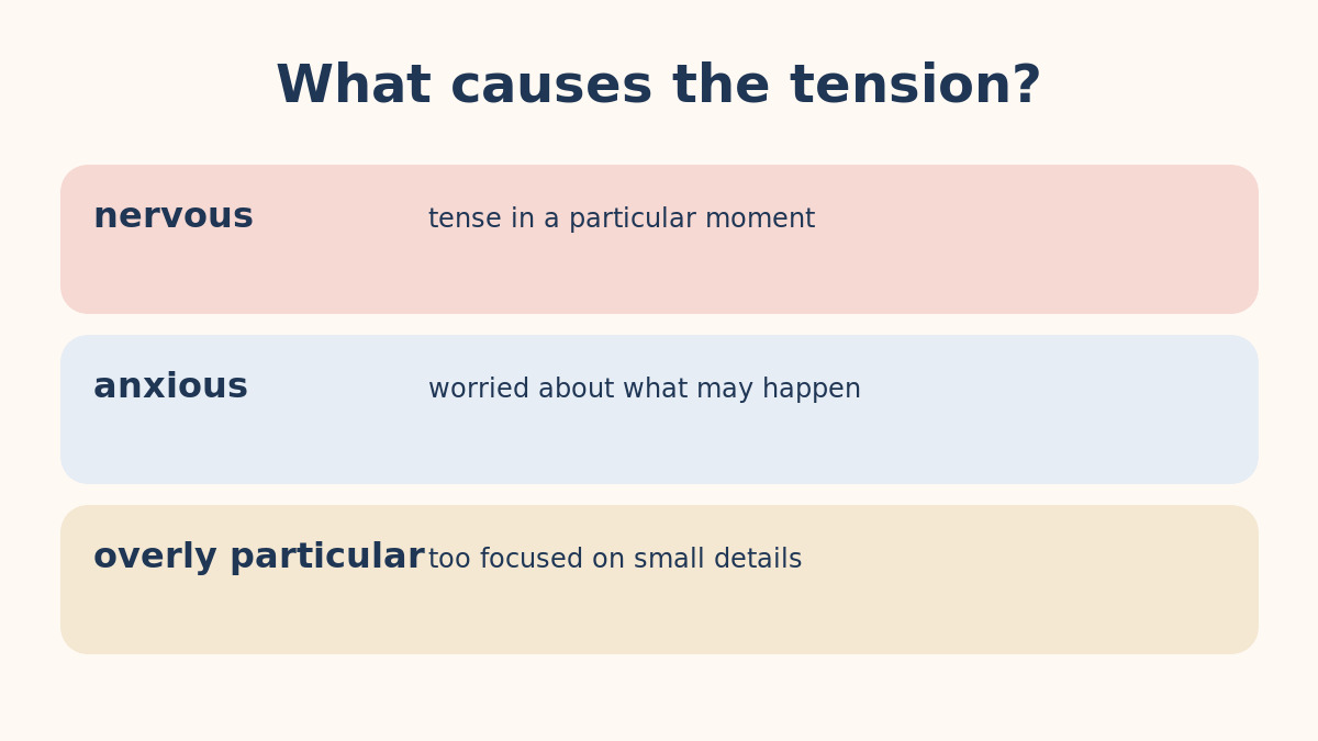 nervous・anxious・overly particularの違いを示す比較図