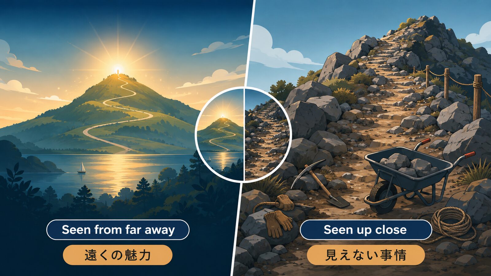 Shiny are the distant hills.の直訳と実際のニュアンスを比較した解説イラスト