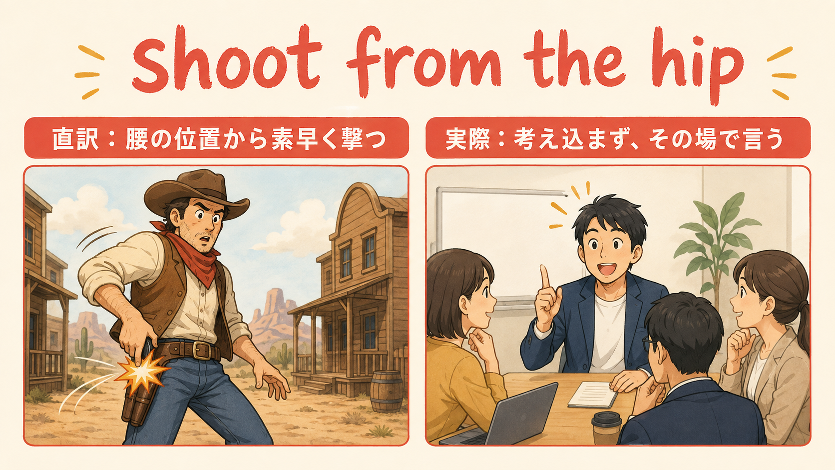 shoot from the hipの直訳イメージと実際の意味を比較する図解