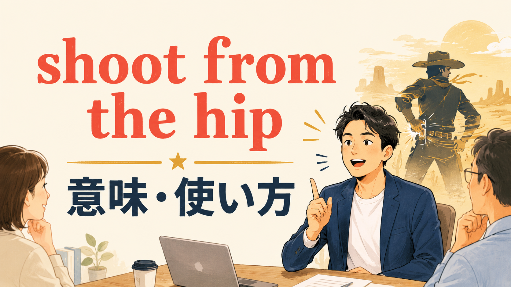 shoot from the hipの意味と使い方を示すアイキャッチ画像