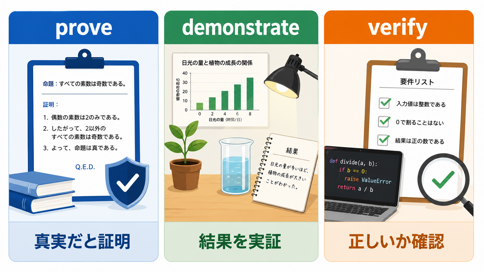 証明するを表すprove・demonstrate・verifyの使い分け比較図