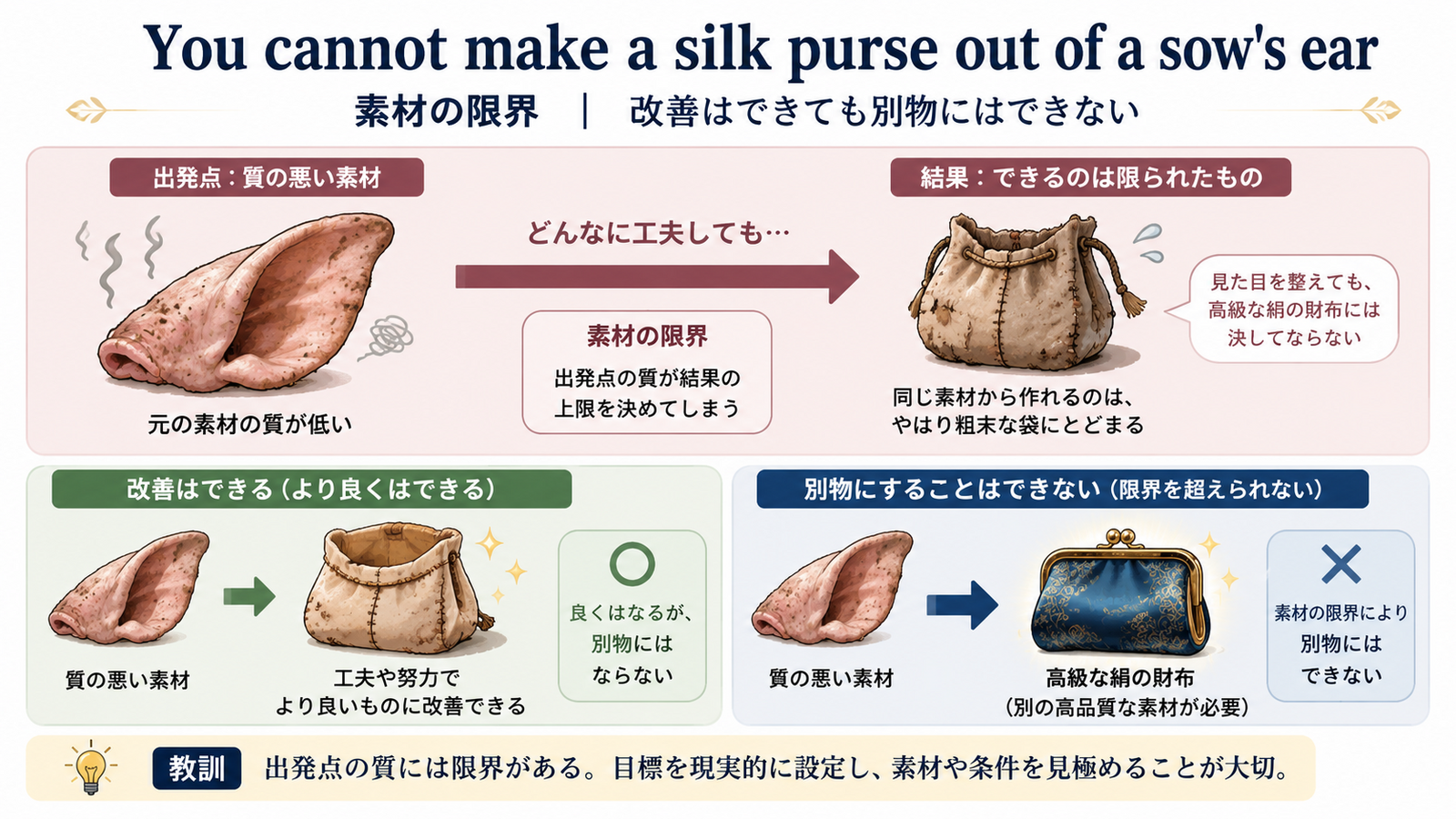 You cannot make a silk purse out of a sow's earのニュアンスを図解