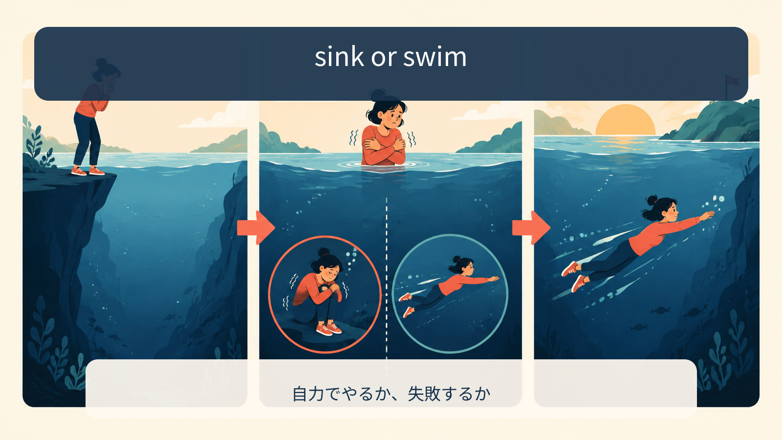 sink or swimの意味を理解する解説イラスト