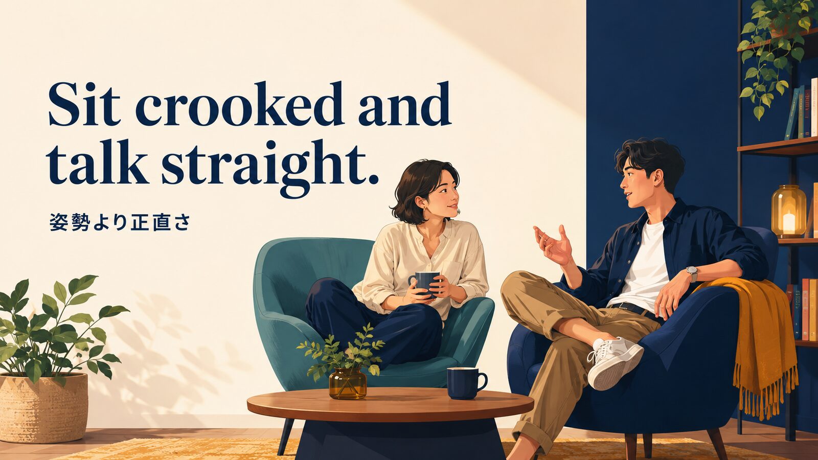 Sit crooked and talk straight.の意味・使い方｜ニュアンス・例文・似た表現を解説