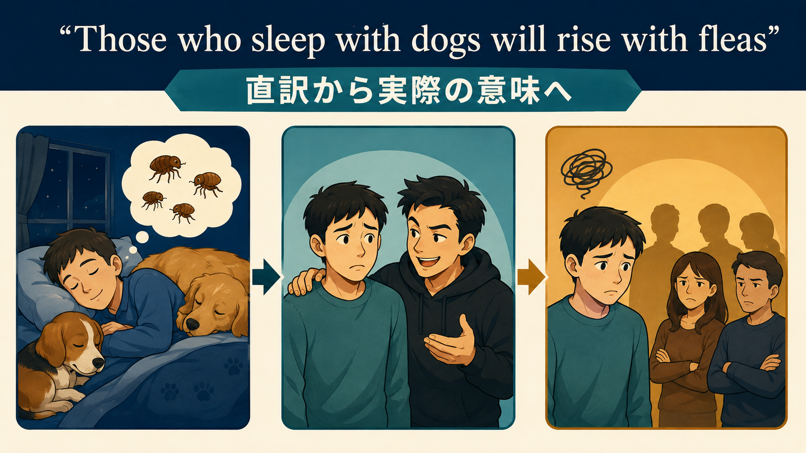 Those who sleep with dogs will rise with fleasを直訳から理解する解説図