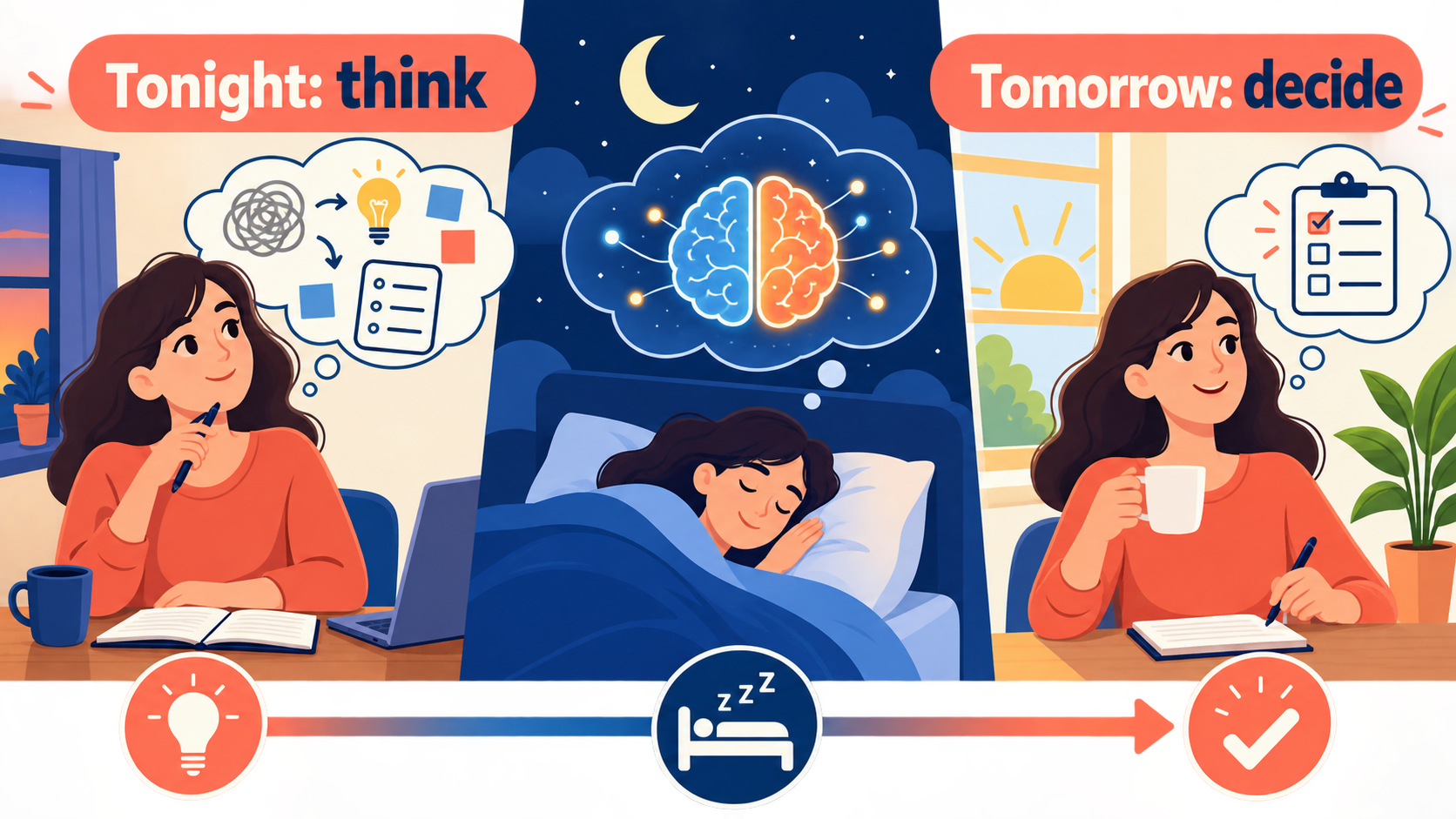 sleep on itの意味とニュアンスを説明する教材イラスト