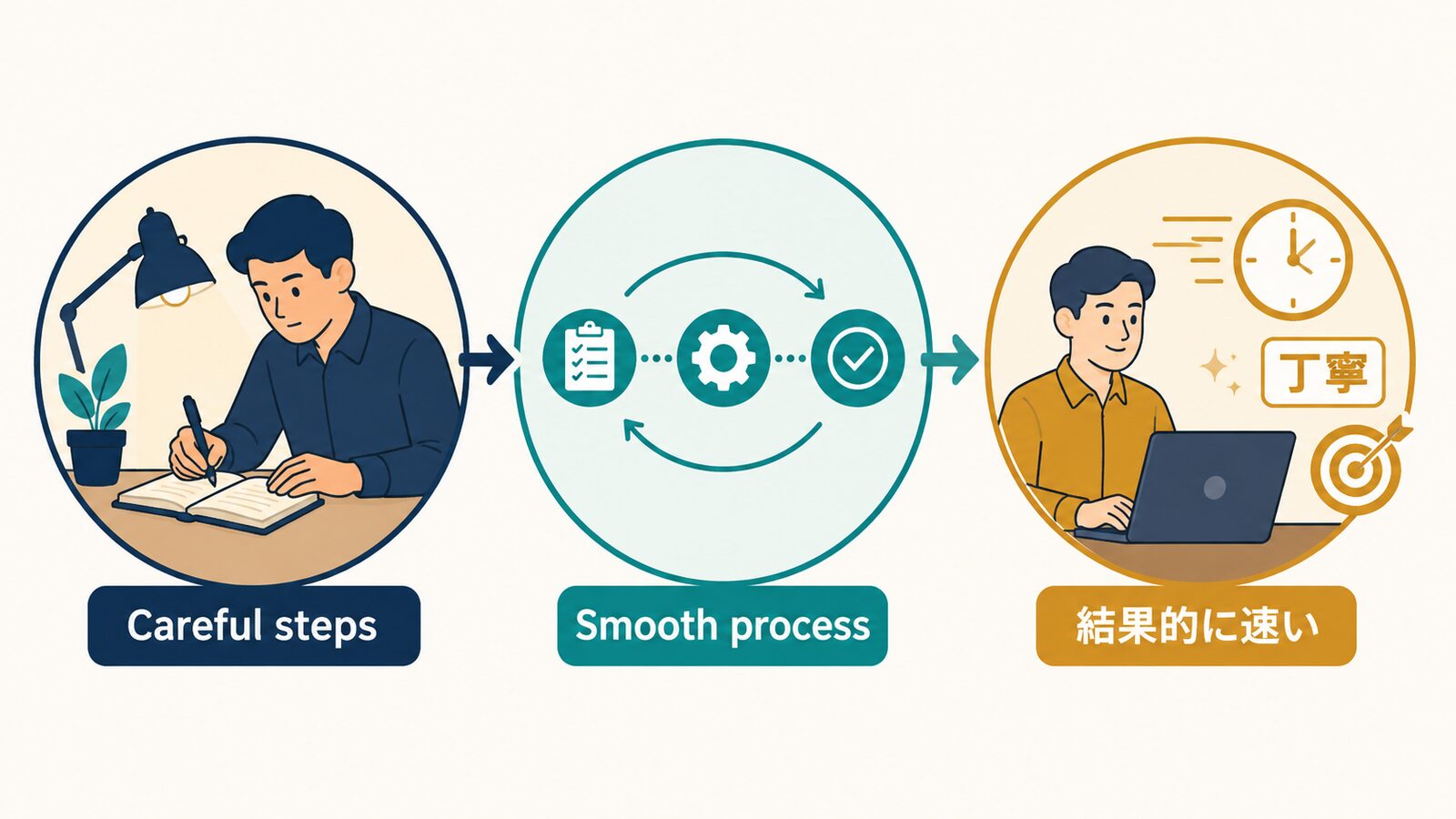 Slow is smooth, and smooth is fast.の直訳と実際のニュアンスを比較した解説イラスト