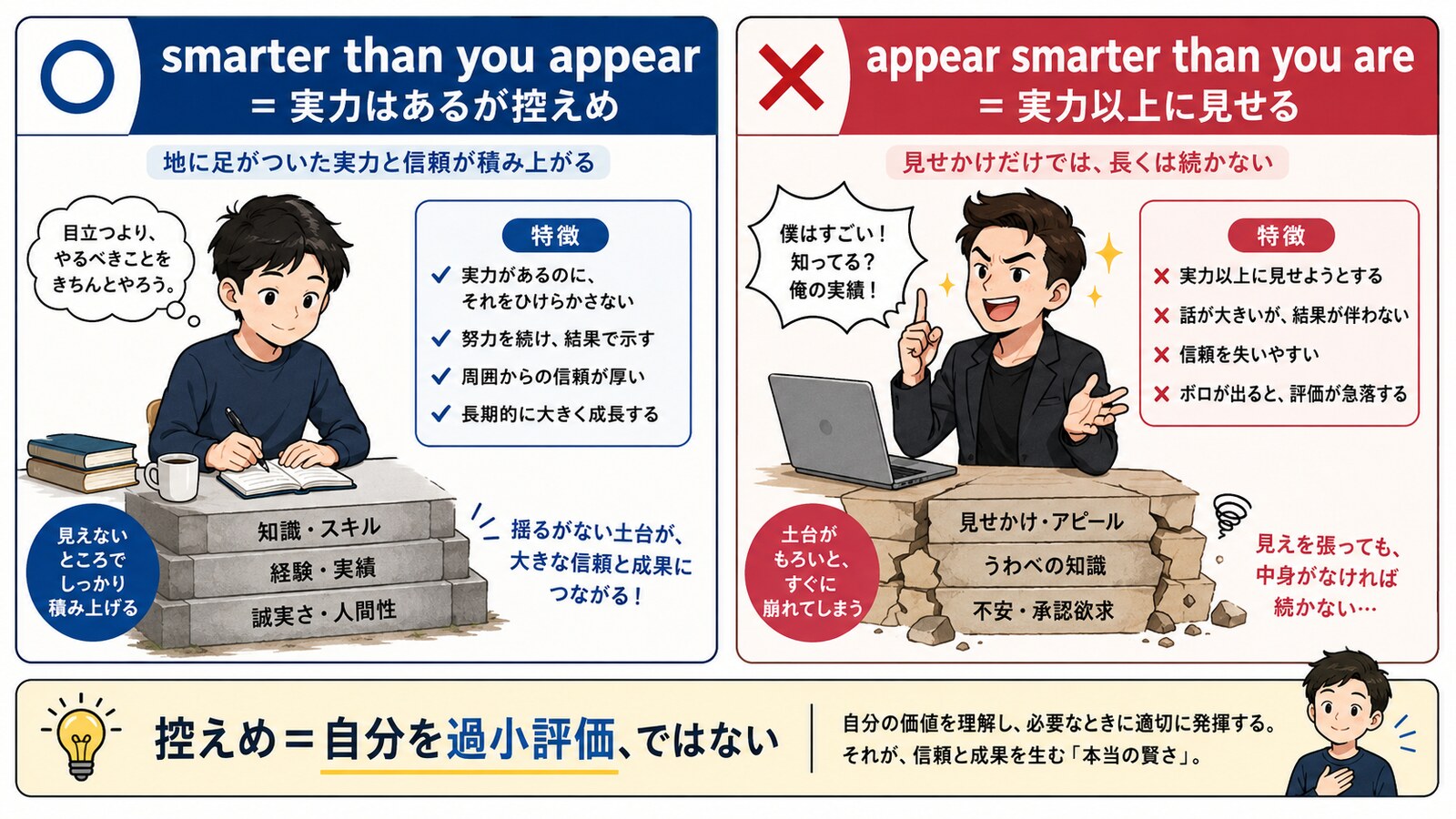 It is better to be smarter than you appear than to appear smarter than you areのニュアンスと使い分けを示す解説図