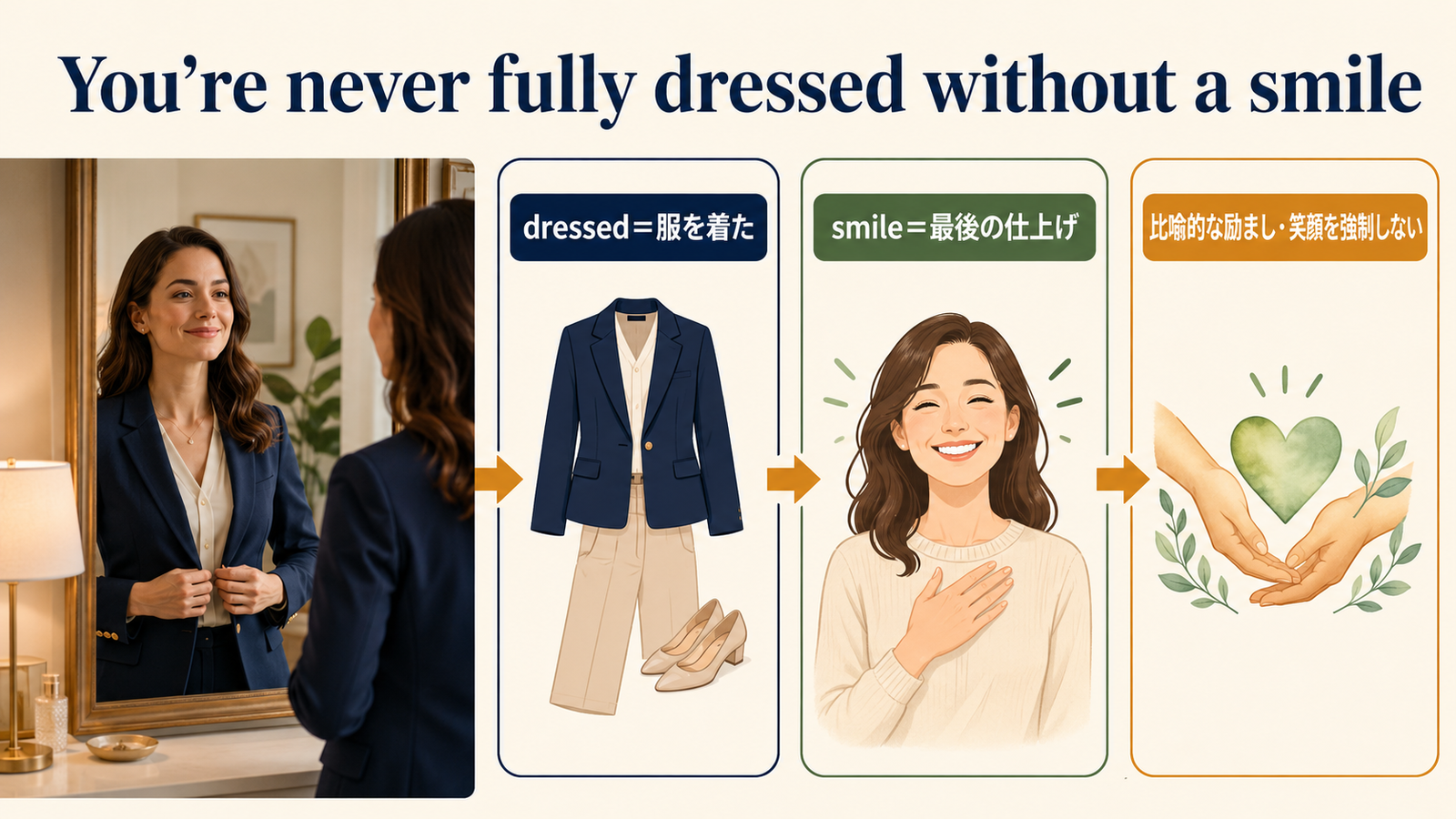 You're never fully dressed without a smileの直訳・実際の意味・注意点を比較する解説図