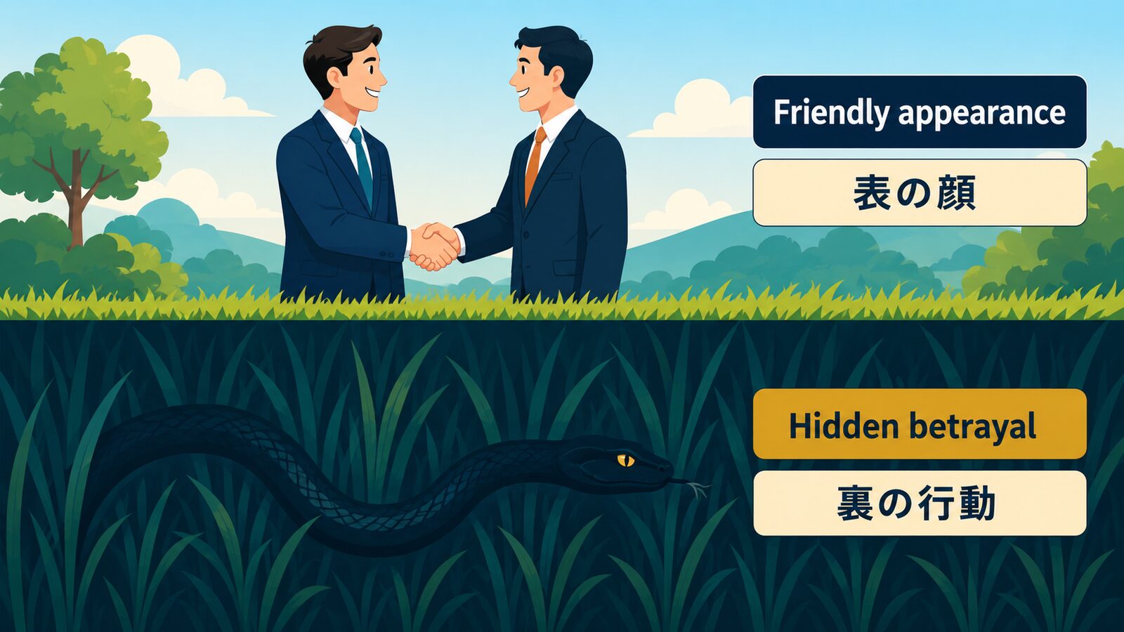 a snake in the grassの直訳と実際のニュアンスを比較した解説イラスト