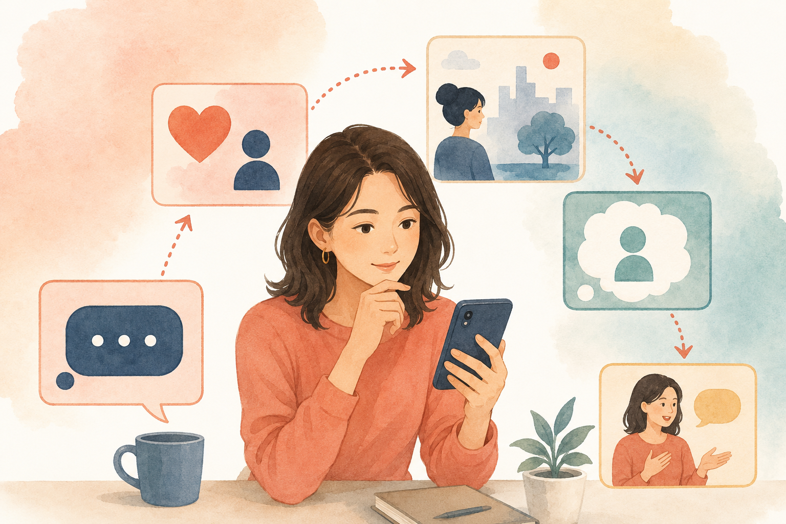 SNSの短いメッセージを感情・場面・文脈から読み解く女性のイラスト