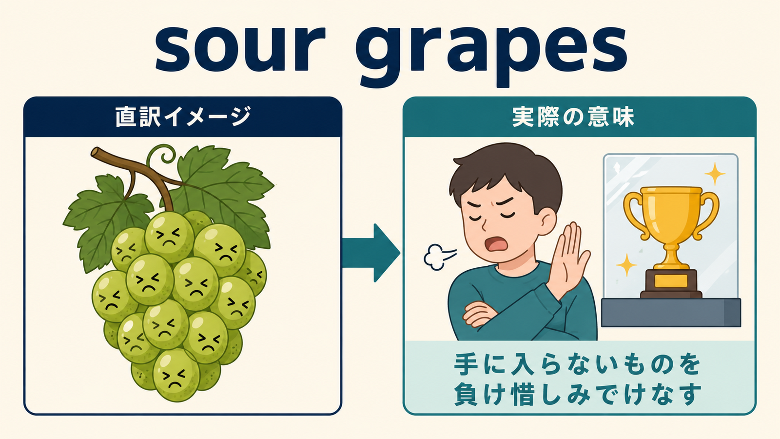 sour grapesの直訳イメージと実際の意味を示す図解