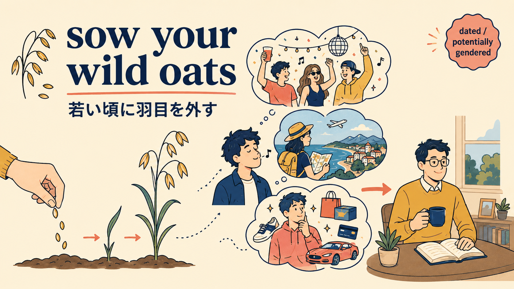 sow your wild oatsの語感と使い方を視覚的に示す解説イラスト