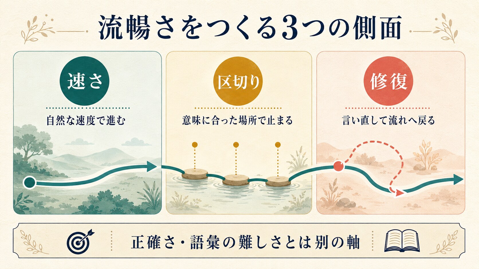 流暢さを速さ、意味に合った区切り、言い直しによる修復に分けた図