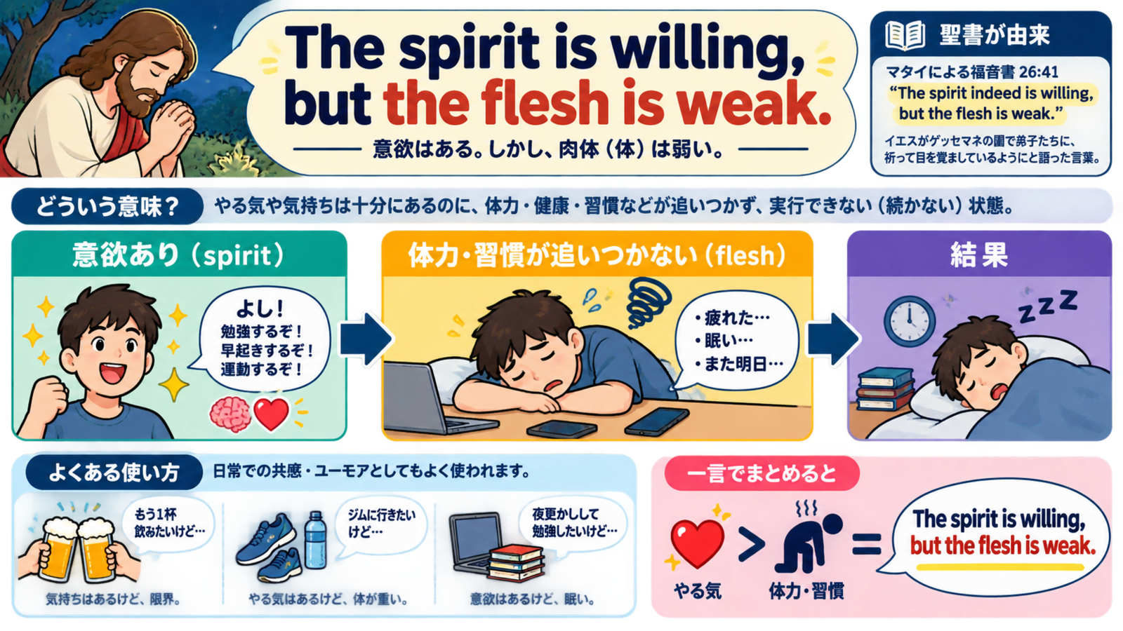 The spirit is willing, but the flesh is weak の意味・使い方｜ニュアンスと例文を解説