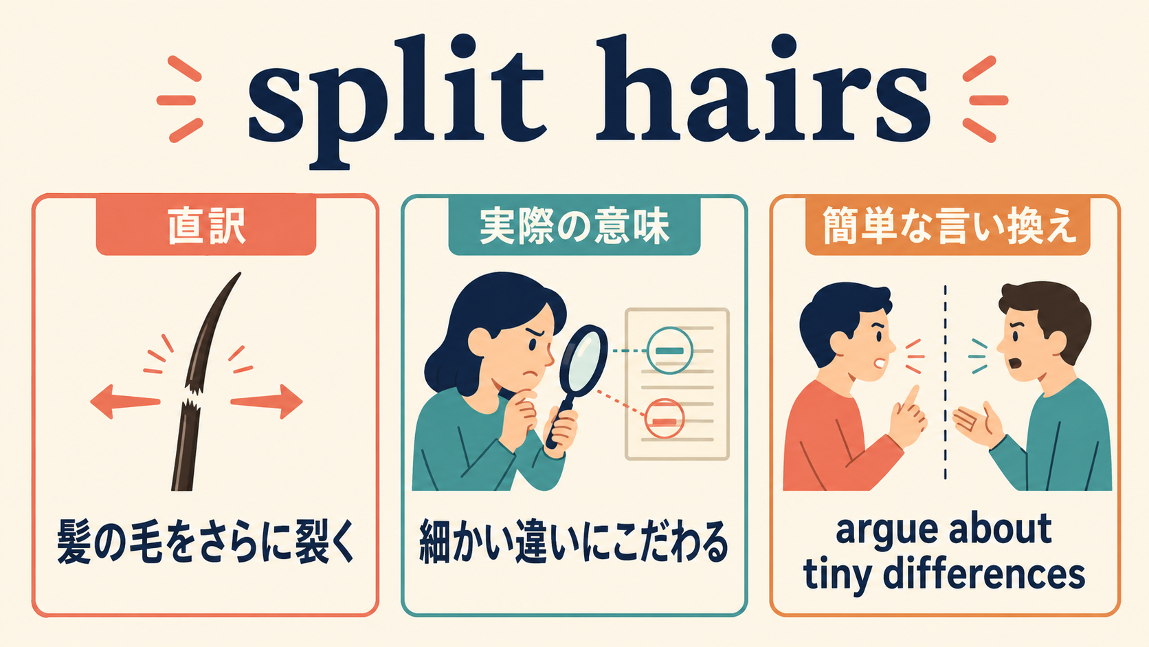 split hairsの直訳・実際の意味・簡単な言い換えを比較する図