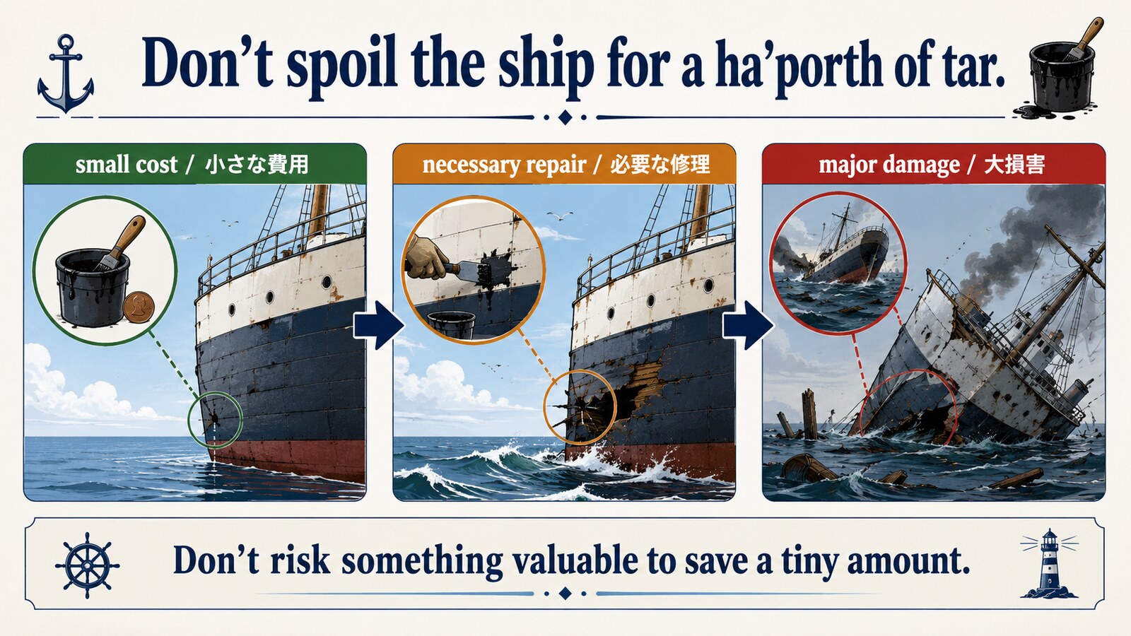 Don’t spoil the ship for a ha’porth of tarのニュアンスと意味の流れを説明する図解