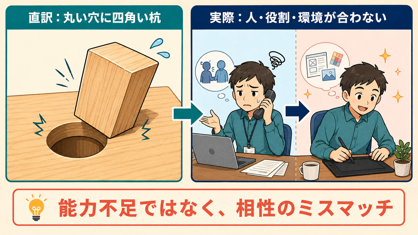 a square peg in a round holeの直訳と実際の意味を比較するイラスト
