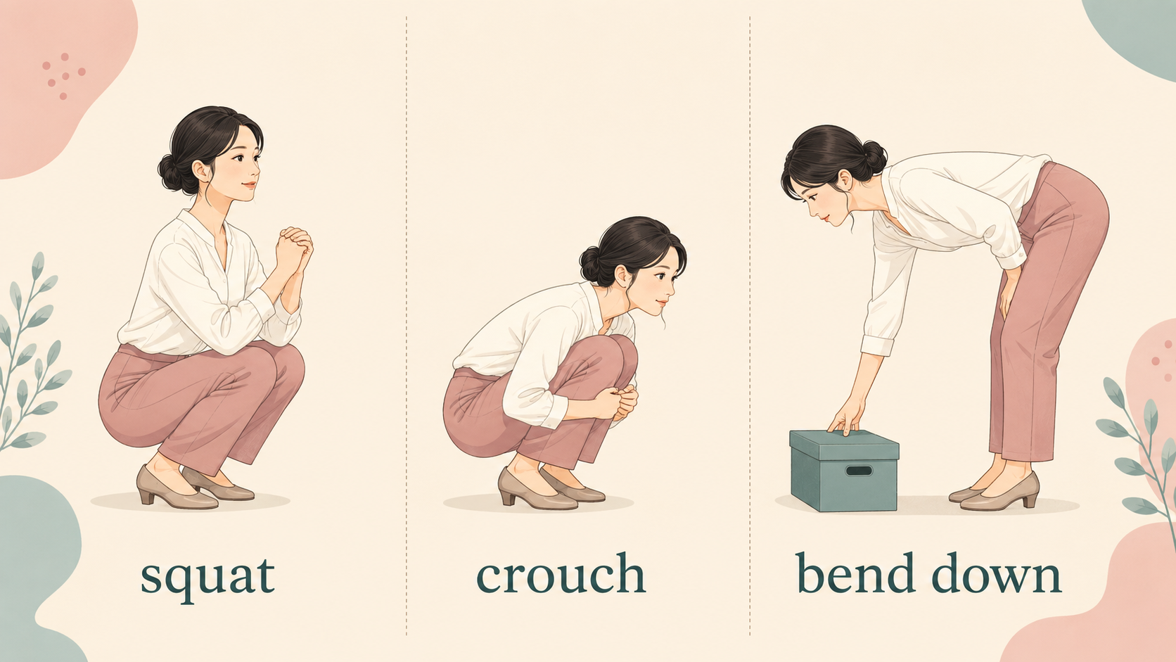 squat・crouch・bend downの姿勢と目的の違いを示す比較イラスト