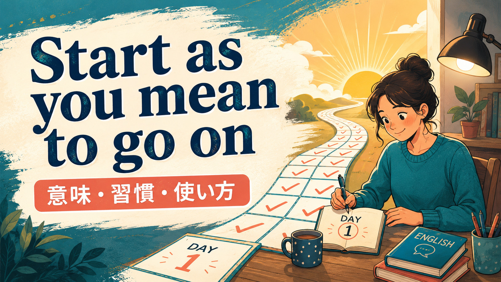 Start as you mean to go onの意味・使い方を解説するアイキャッチ