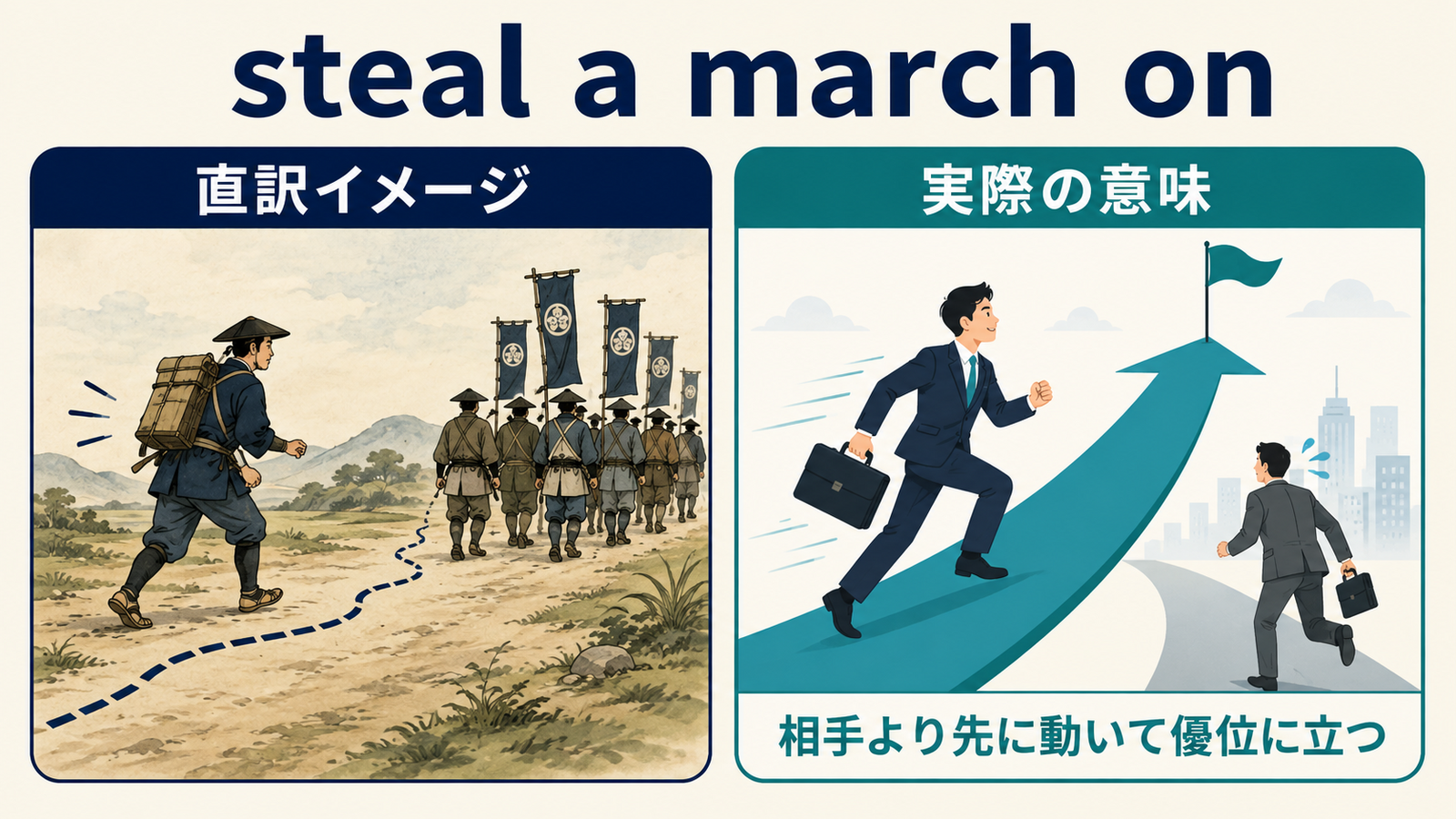 steal a march onが相手より先に動いて優位に立つことを表す図解