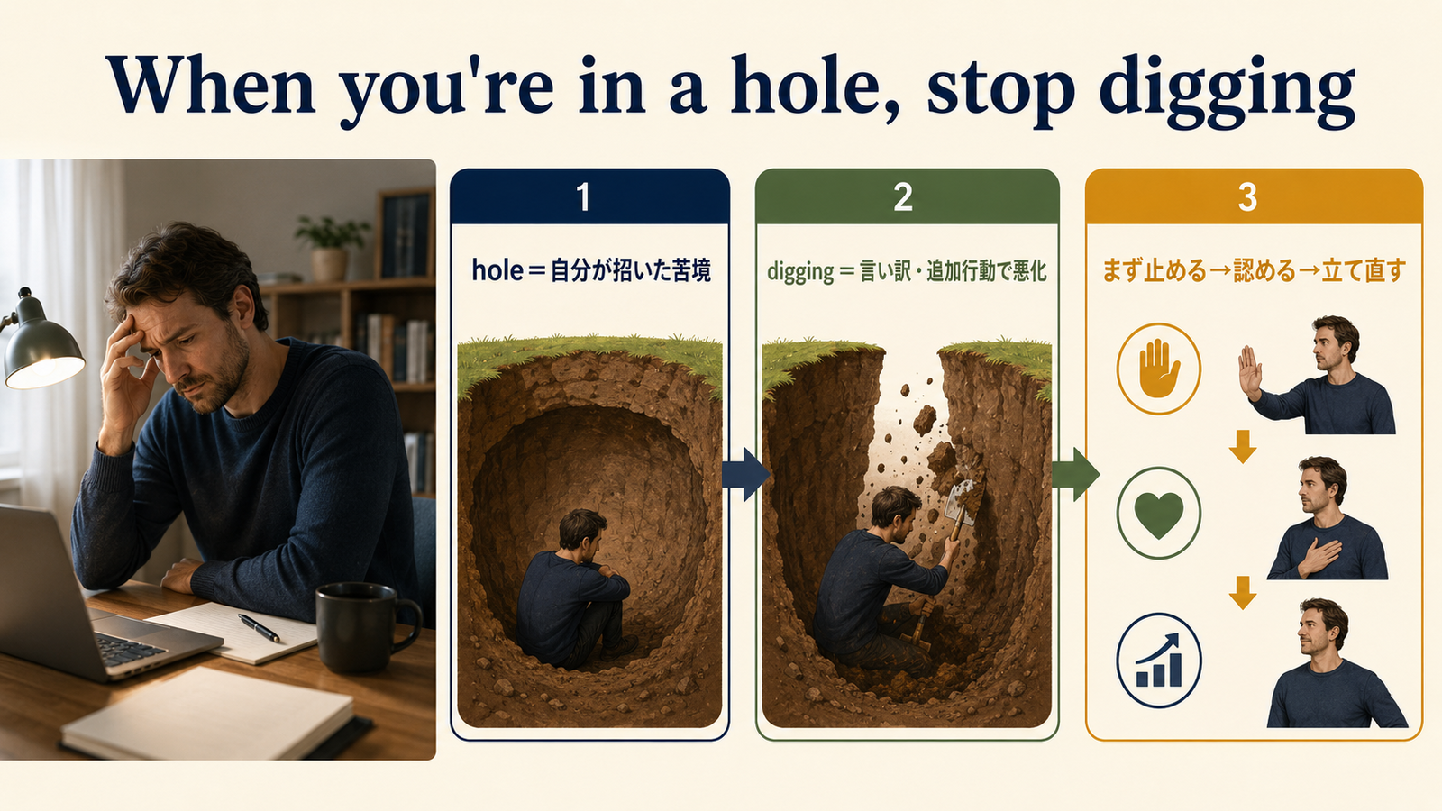 When you're in a hole, stop diggingの直訳・実際の意味・注意点を比較する解説図