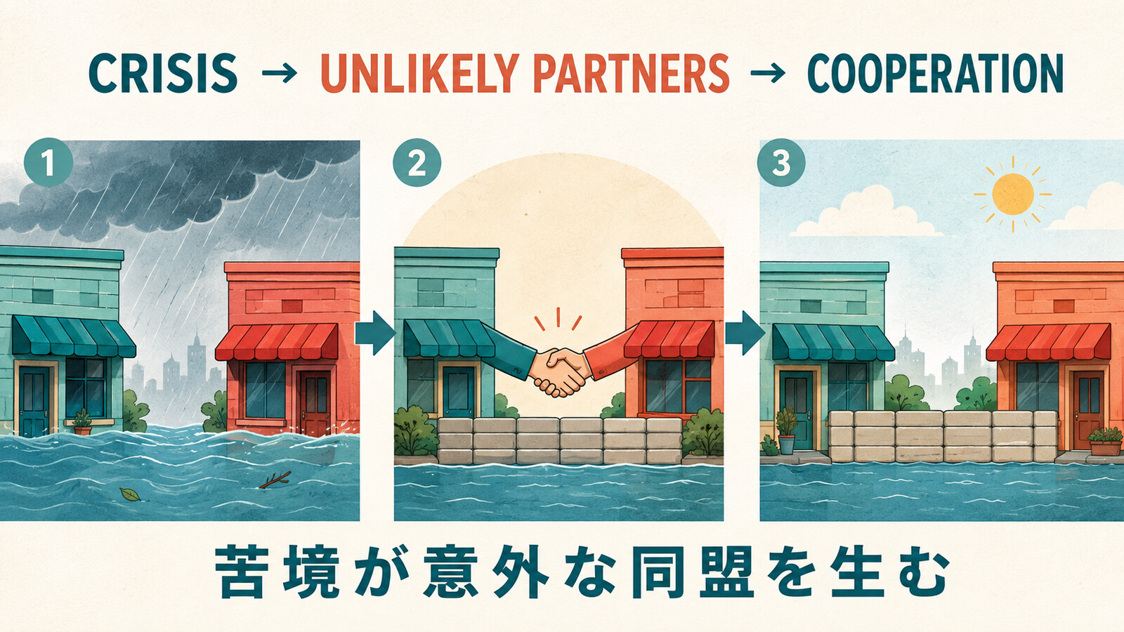 Misery acquaints a man with strange bedfellows.の直訳と実際の意味を比較する解説イラスト