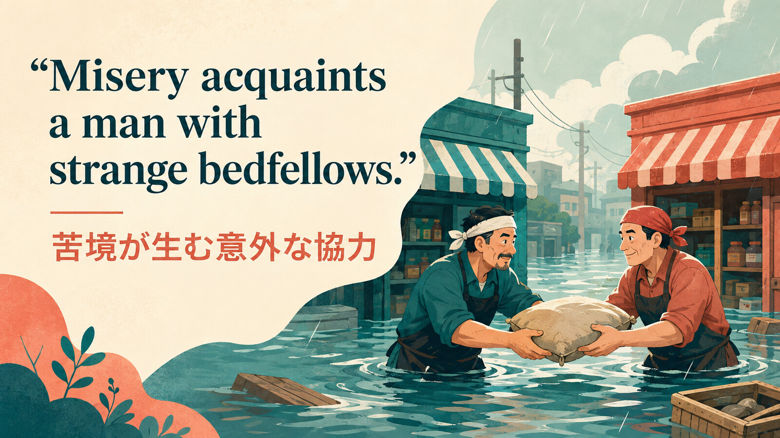 Misery acquaints a man with strange bedfellows.の意味・使い方・ニュアンスを解説するアイキャッチ画像