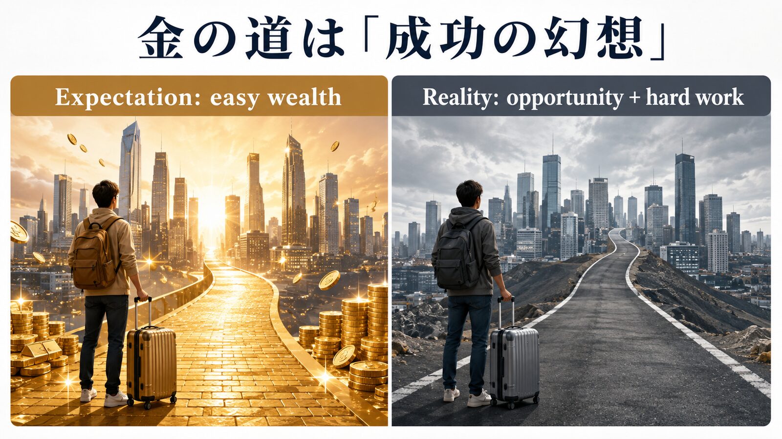 The streets are paved with gold.の直訳と実際のニュアンスを比較した解説イラスト