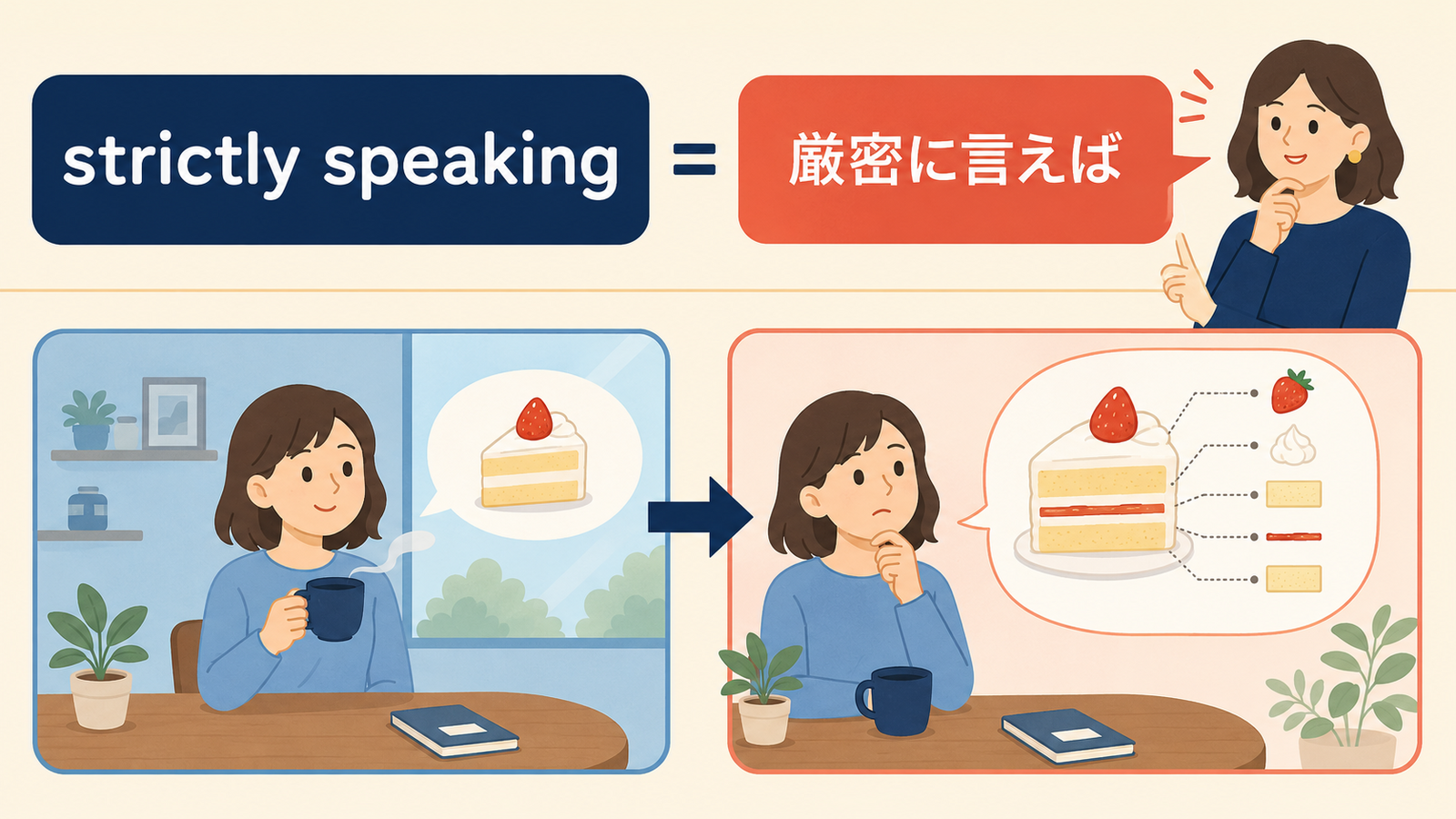 strictly speakingのニュアンスと使い方を説明するイラスト