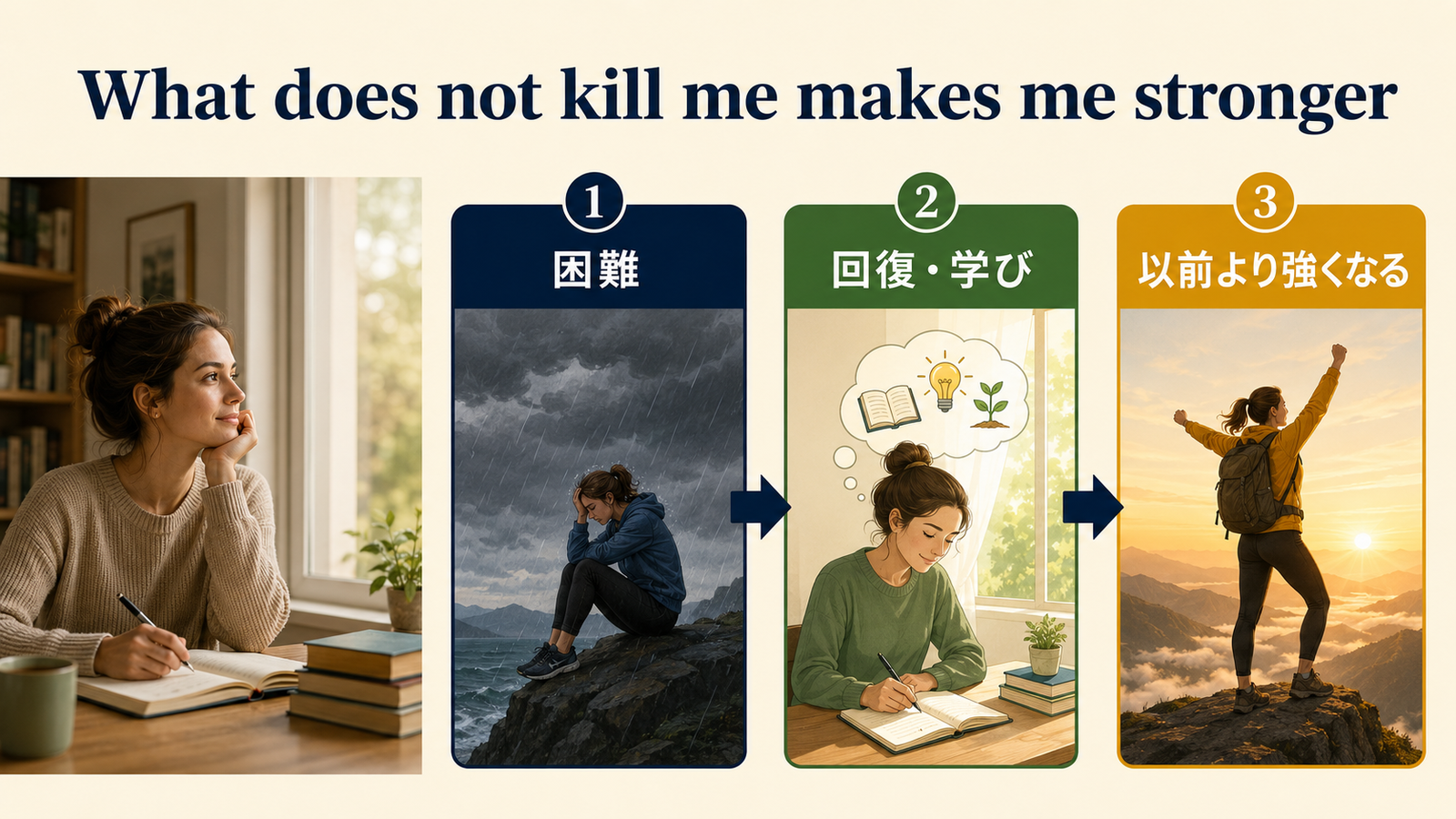 What does not kill me makes me strongerの直訳と実際のニュアンスを比較した解説イラスト
