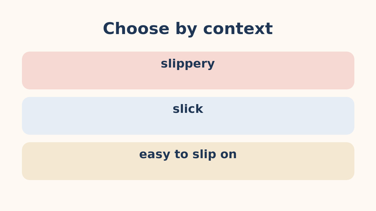 slippery・slick・easy to slip onの違いを示す比較図