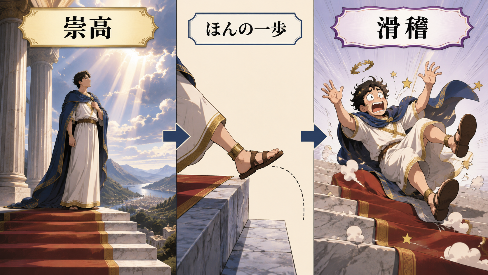 From the sublime to the ridiculous there is but a stepの直訳・比喩・実際の意味を比較する解説イラスト