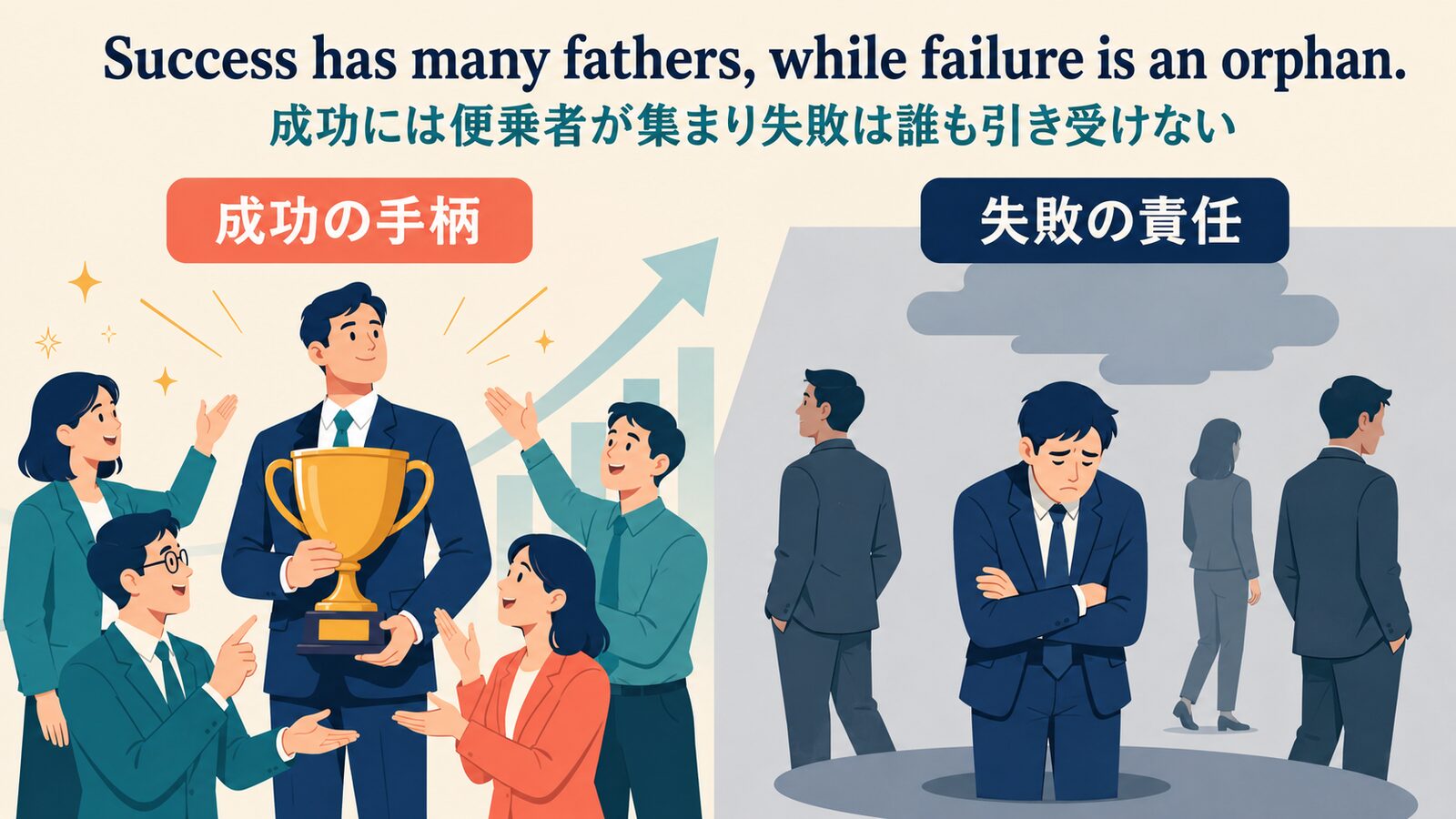 Success has many fathers, while failure is an orphan.の直訳と実際の意味を比較した解説イラスト