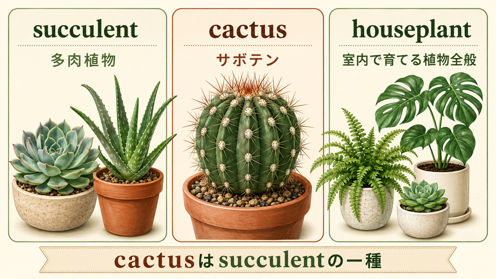 succulentとcactusとhouseplantの違いを示す解説イラスト