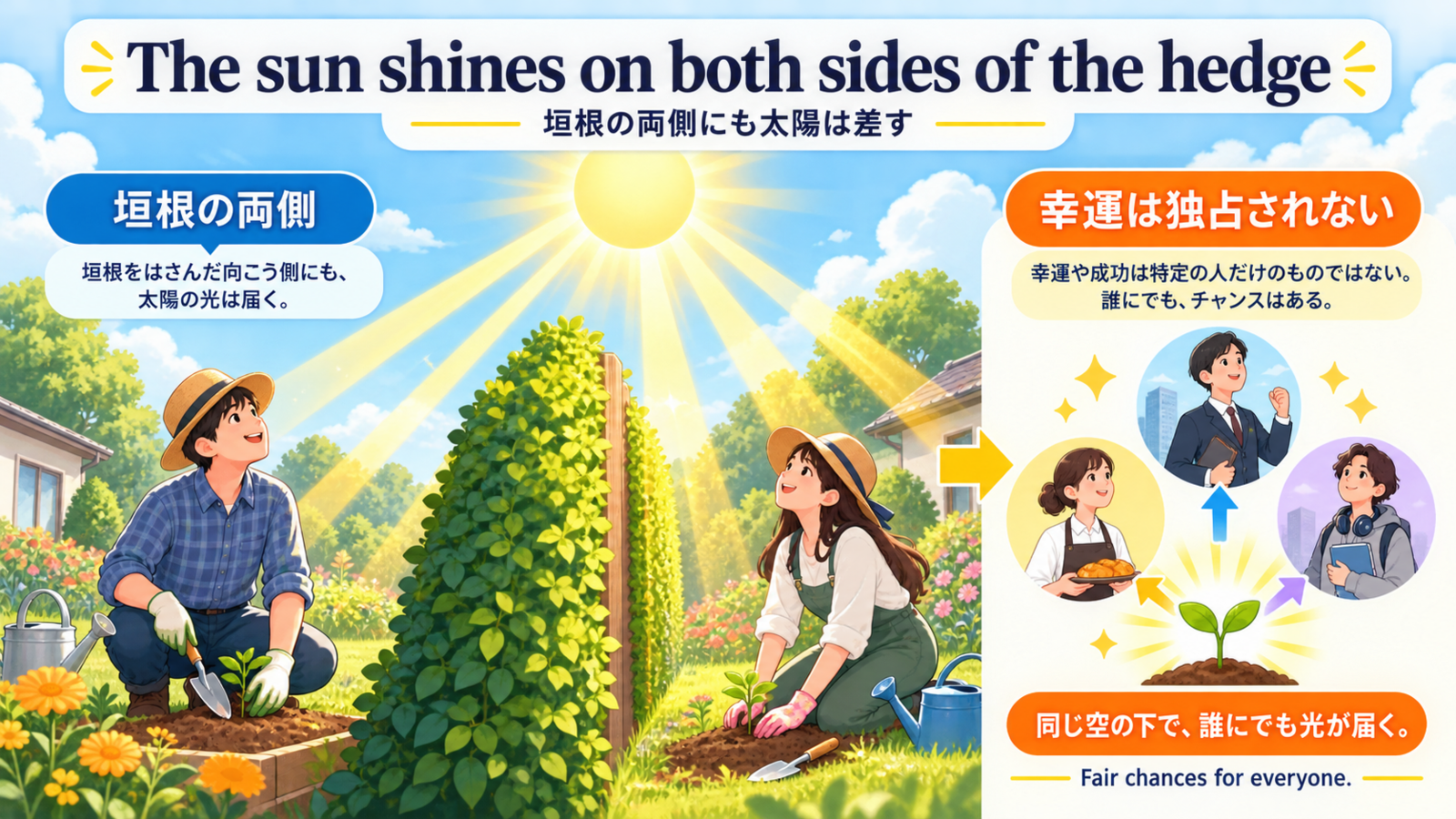 The sun shines on both sides of the hedgeのニュアンスを図解