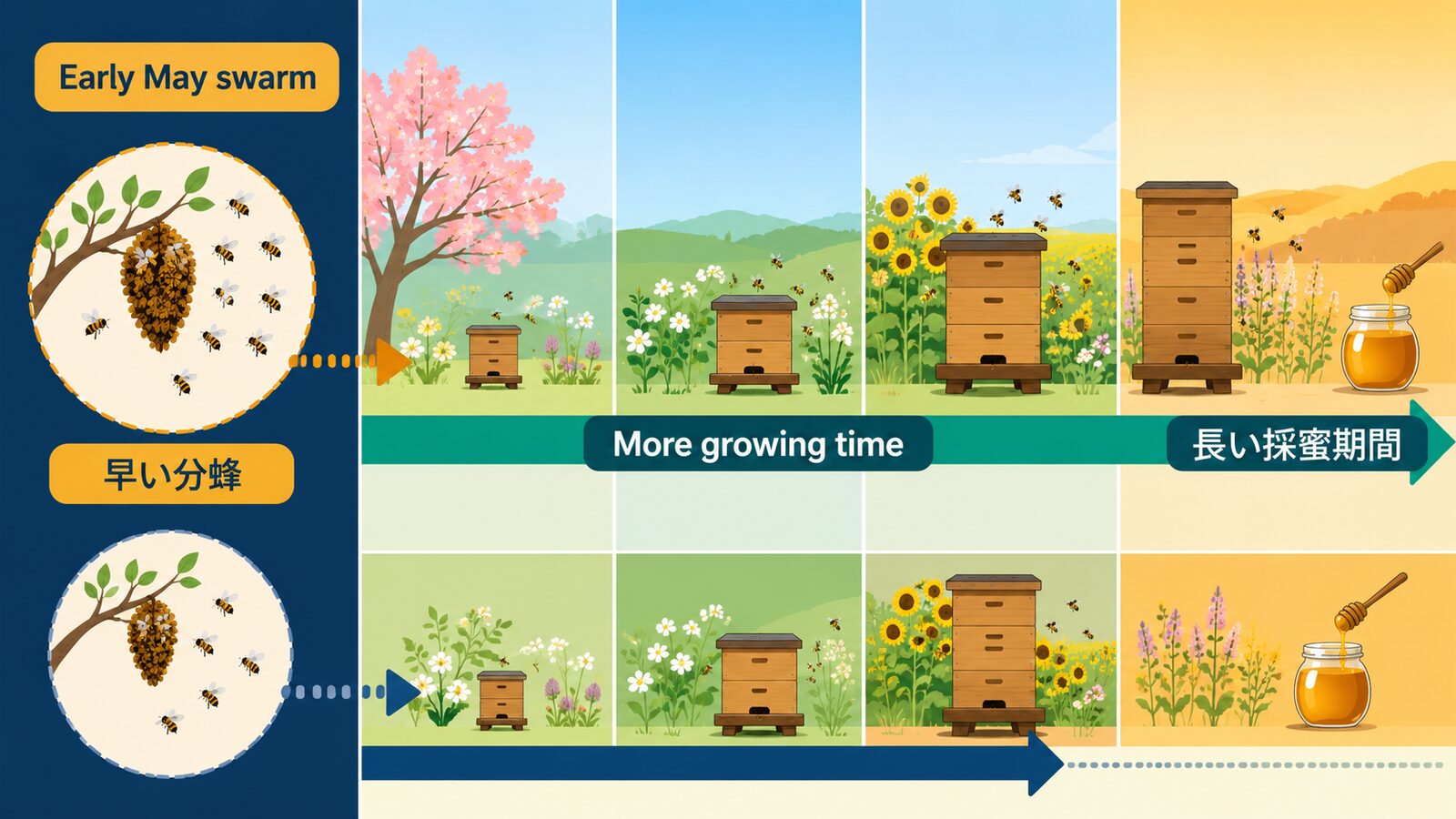 A swarm in May is worth a load of hay.の直訳と実際のニュアンスを比較した解説イラスト